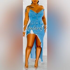 Light Denim Silver Link High Slit Maxi Dress small